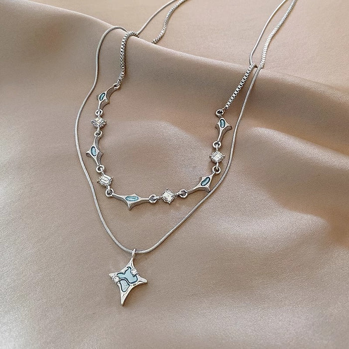 Wholesale Double layered four pointed star necklace, collarbone chain, niche accessory