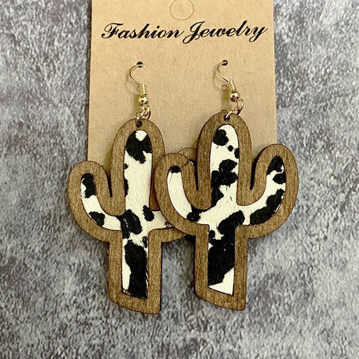 Wholesale Wood earrings dairy cow print leopard print leather horse hair inlaid cactus earrings