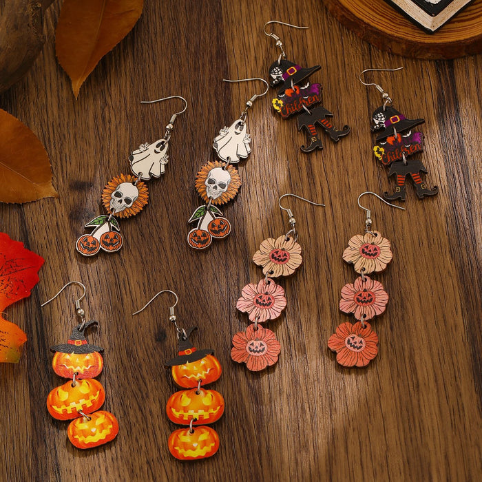 Wholesale Wooden Printed Color Pumpkin Skull Ghost  Gift Creative ing Women' s Earrings