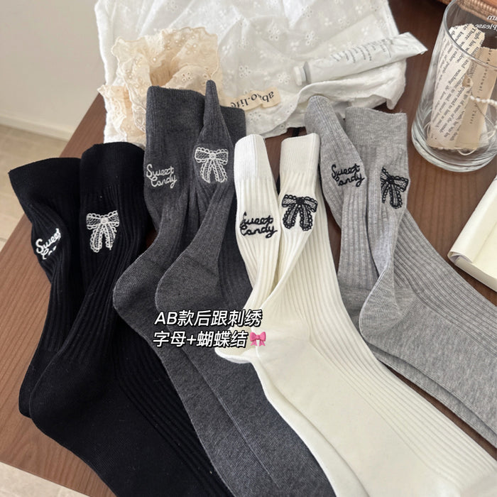 Wholesale Pile up socks, bow embroidery, mid length socks, embroidered cotton socks