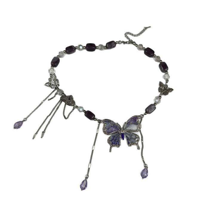 Wholesale Alloy Purple Crystal Butterfly Tassel Necklace Fashion Jewelry Accessory
