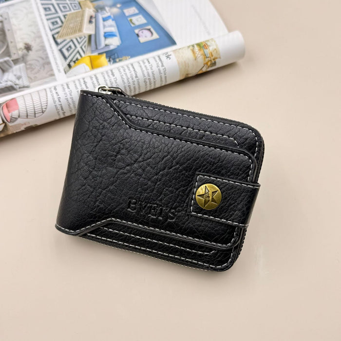 Wholesale Men' s Retro Copper Buckle Zipper Wallet - PU Leather Solid Color MOQ≥2
