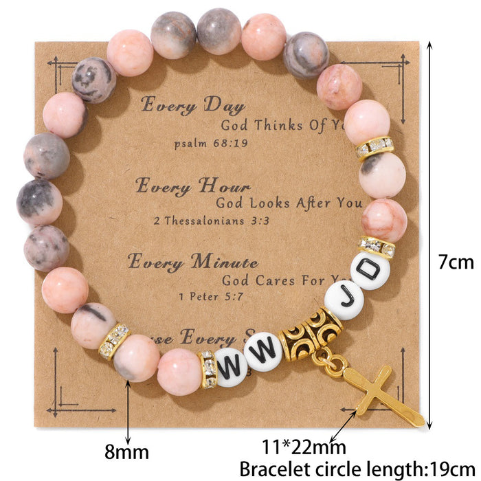 Wholesale Cross pendant bracelet with stone beads pink zebra jasper and agate