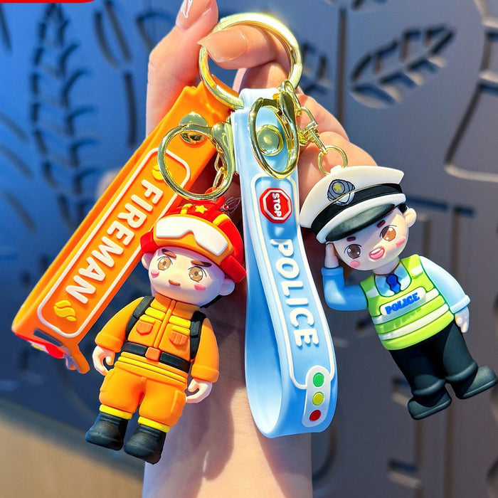 Wholesale Chinese Style Cartoon Traffic Police Firefighter PVC Keychain Pendant Fire Safety Campaign