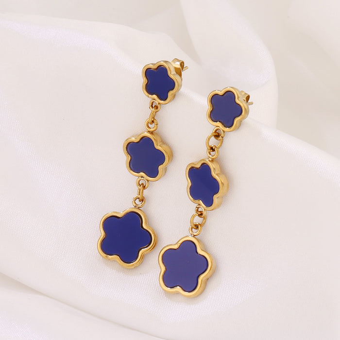 Wholesale Stainless Steel Five-Leaf Clover Earrings Niche Versatile Tassel Ear Studs,  Earrings,  Ear Accessories