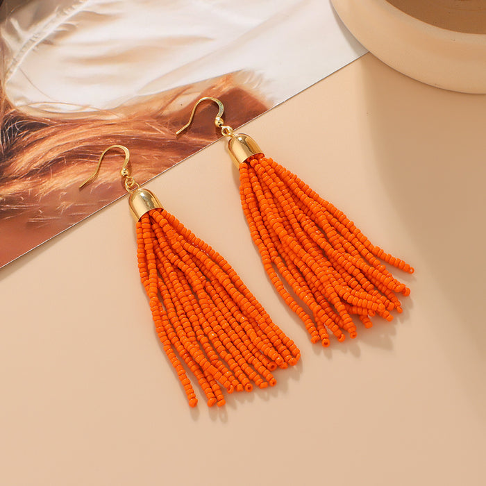 Wholesale Retro ethnic style handmade beaded earrings women' s elegant all-match Bohemian colorful tassel rice beads earrings