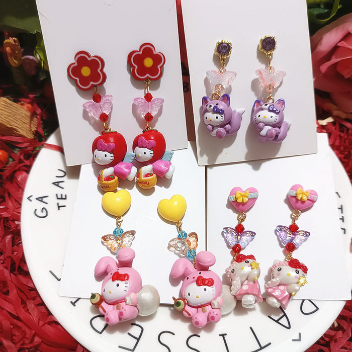 Wholesale Cute Funny Dress-up Cat Cat Apple  Cartoon Silver Earrings Girl