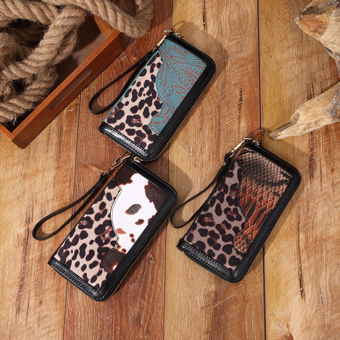 Wholesale Vintage leather carving embossed bohemian style ladies hand-held wallet card holder purse