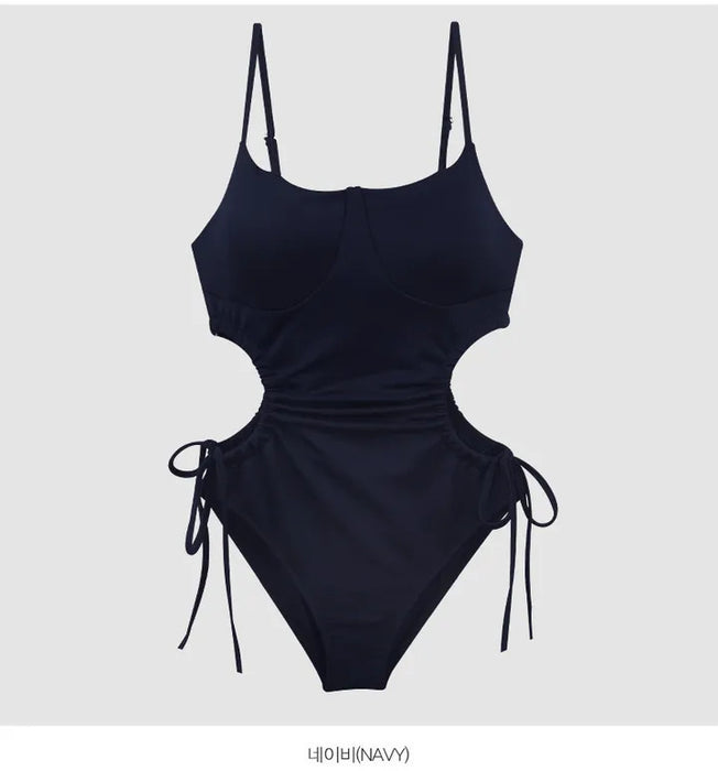 Wholesale Solid color minimalist drawstring slimming one-piece swimsuit for women