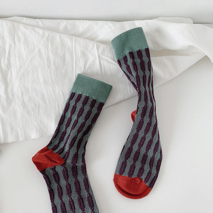 Wholesale Color blocking three-dimensional relief cotton mid tube socks, retro and breathable
