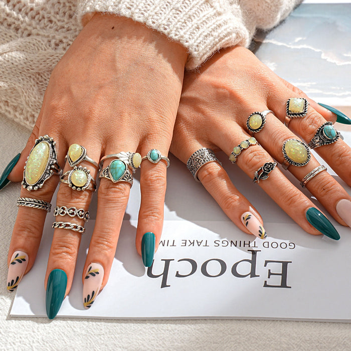 Wholesale Retro Turquoise Gemstone 18-Piece Set Rings