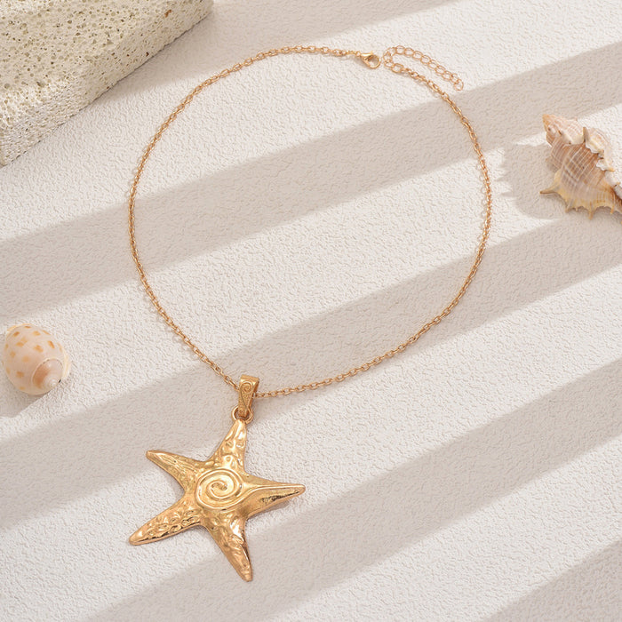 Wholesale Vintage starfish necklace with niche design, boasting a double-layer vortex pendant and collarbone chain