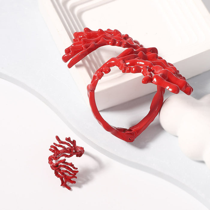 Wholesale Irregular Red Coral Alloy Bracelet Ring Fashion Creative