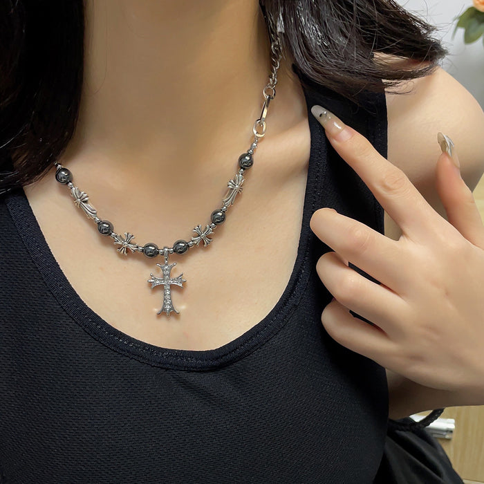 Wholesale Small niche design titanium steel zircon cross splicing necklace, sweet and versatile sweater chain