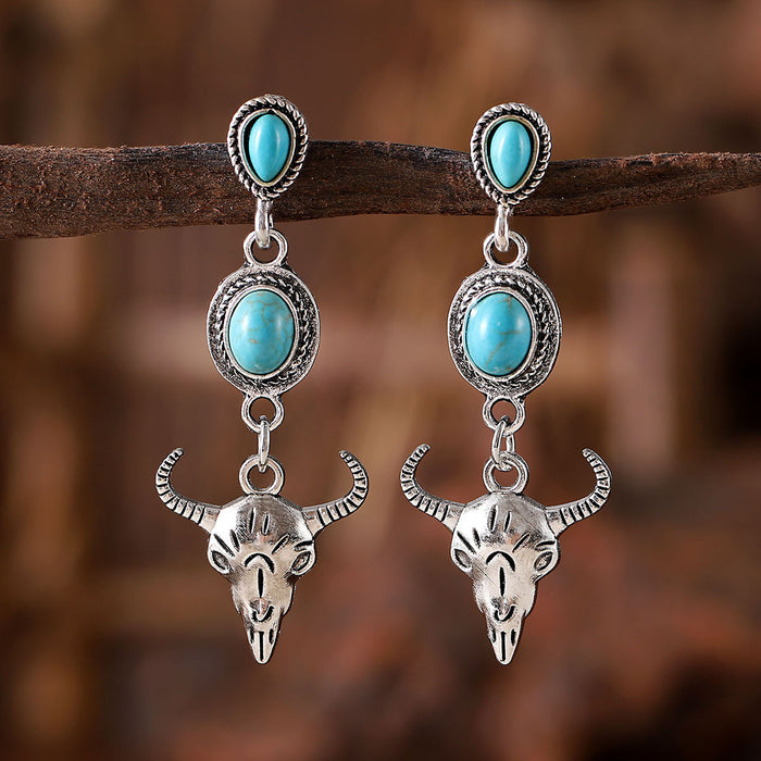 Wholesale Western cowboy retro oval metal earrings creative inlaid turquoise bull head pendant earrings