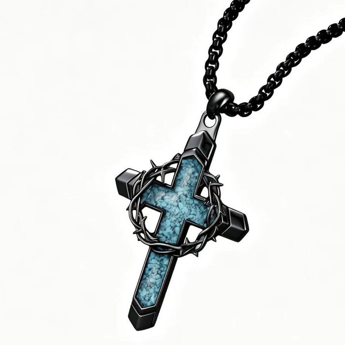 Wholesale Vintage Cross n Wreath Turquoise Pendant Necklace For Men Black Zinc Alloy Hip Hop Punk Jewelry Gift