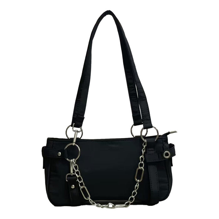 Wholesale Cowboy canvas PU motorcycle bag with round ring chain nylon shoulder bag, hand-held armpit women's bag