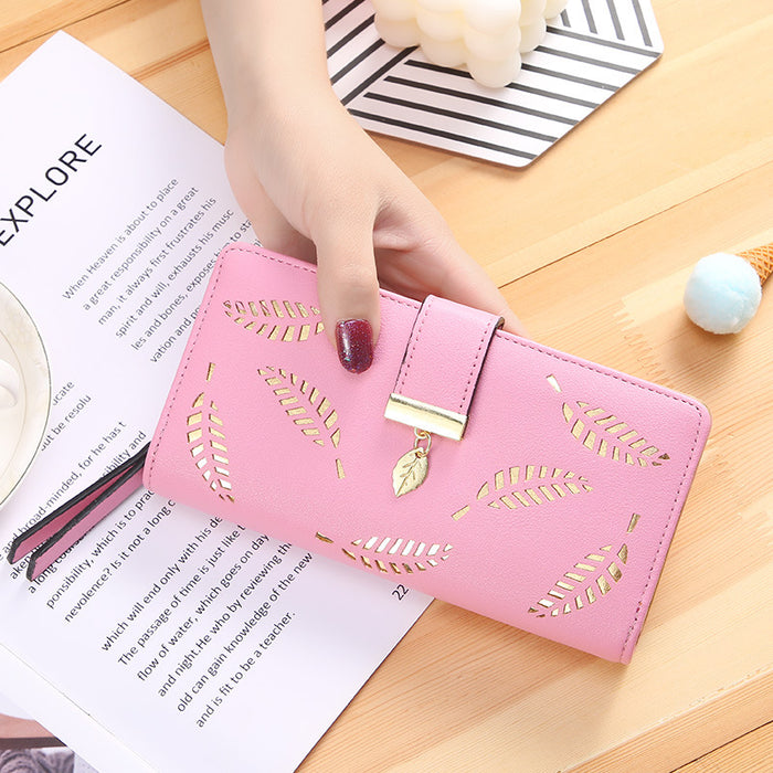 Wholesale Women's Long Hand-held Bag with Hollow Leaf Zipper Buckle Wallet JDC-WT-PJ001