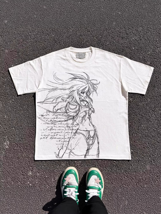 Wholesale Oversized Anime Line Art Print Short-Sleeve T-Shirt