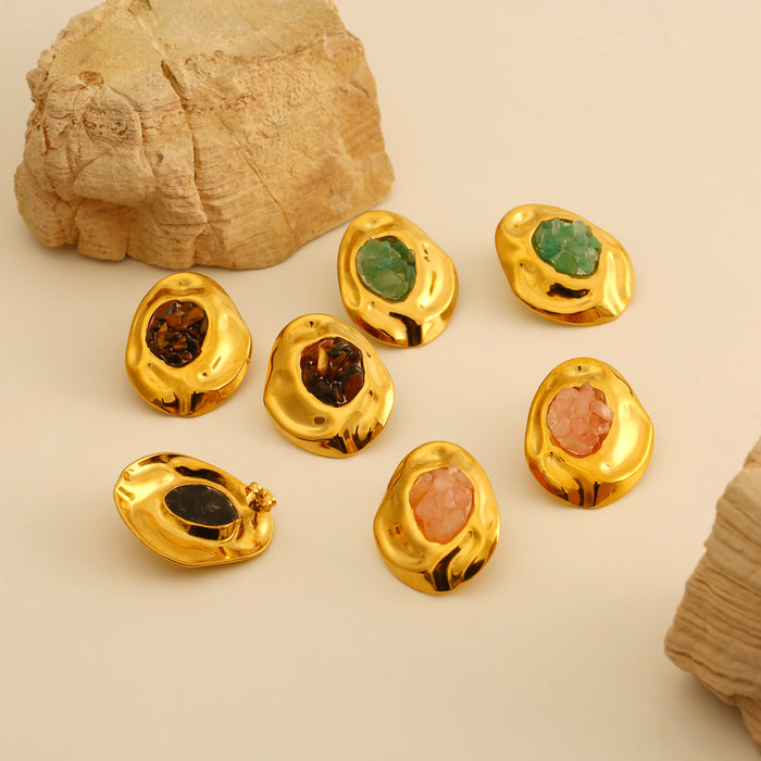 Wholesale Fashionable irregular stainless steel earrings inlaid with natural crushed stone temperament earrings color preservation wholesale