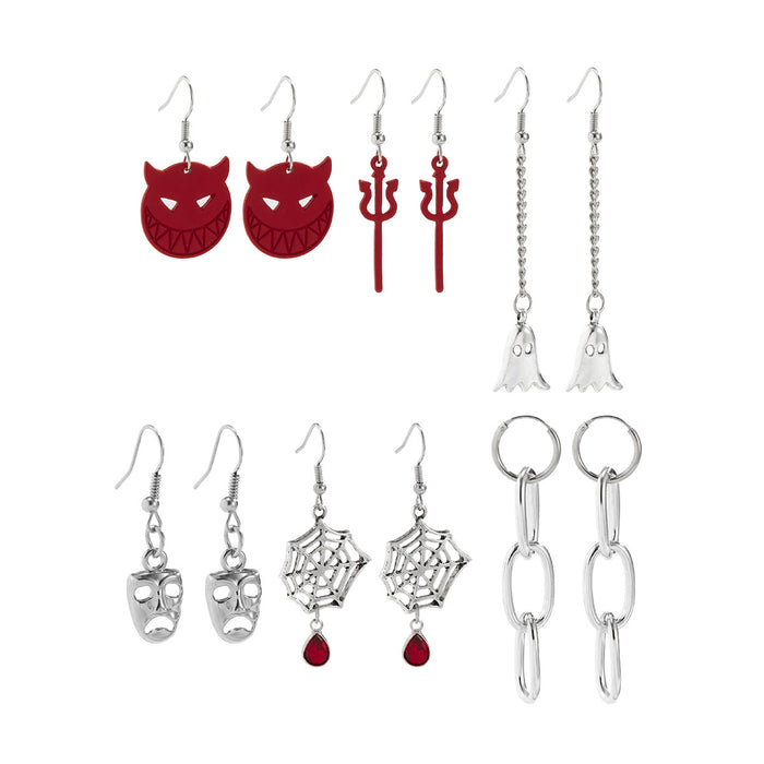 Wholesale Plated Alloy Gothic  Earrings Set With Ghost  Web And Dark Red Demon Chain Design Trendy Jewelry Accessory For Party Wear