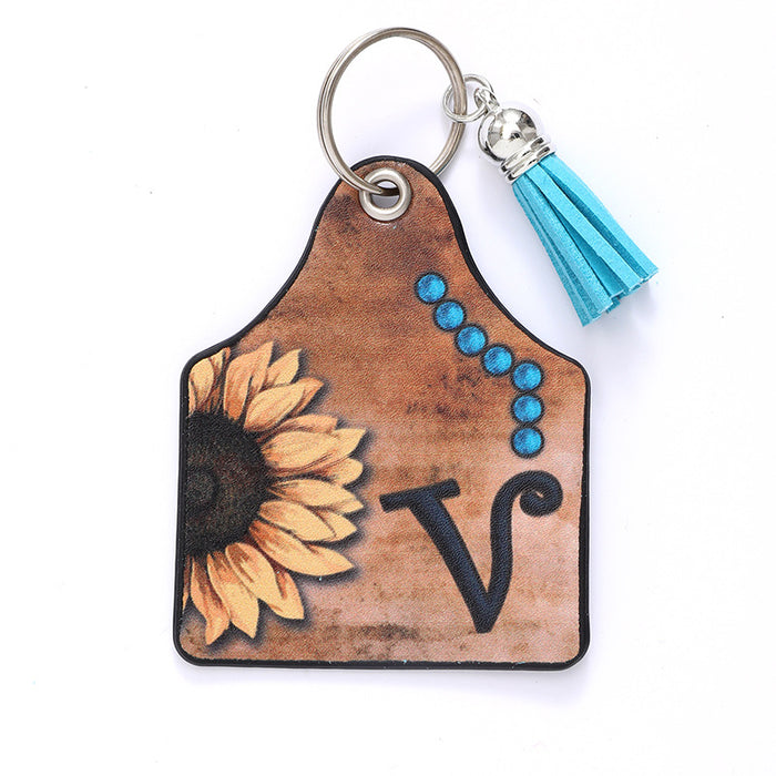 Wholesale Leather Sunflower Letter Tassel Keychain Pendant
