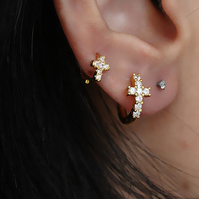 Wholesale Sparkling Diamond Cross Ear Buckle Earring Cross shaped Design Geometric Zircon Earrings