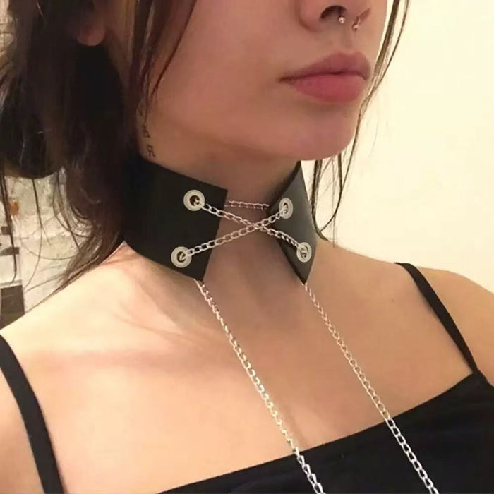 Wholesale New metal chain strap necklace necklace with PU leather collar, cute punk collar necklace accessories
