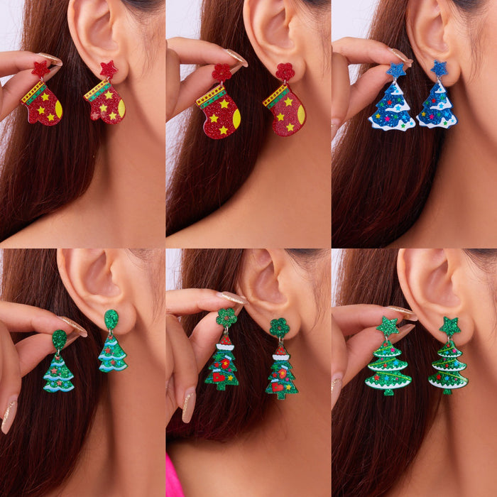 Wholesale Christmas cartoon glitter Christmas stockings Christmas gloves earrings versatile star print earrings