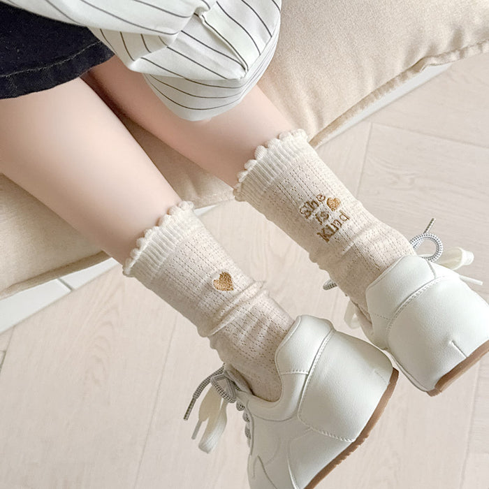 Wholesale Socks with heart-shaped embroidery mesh, fashionable stacking socks, independent packaging