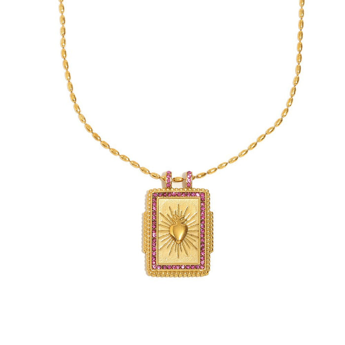 Wholesale Stainless steel jewelry trendy gold plated tarot card square pendant with dripping oil round flower necklace