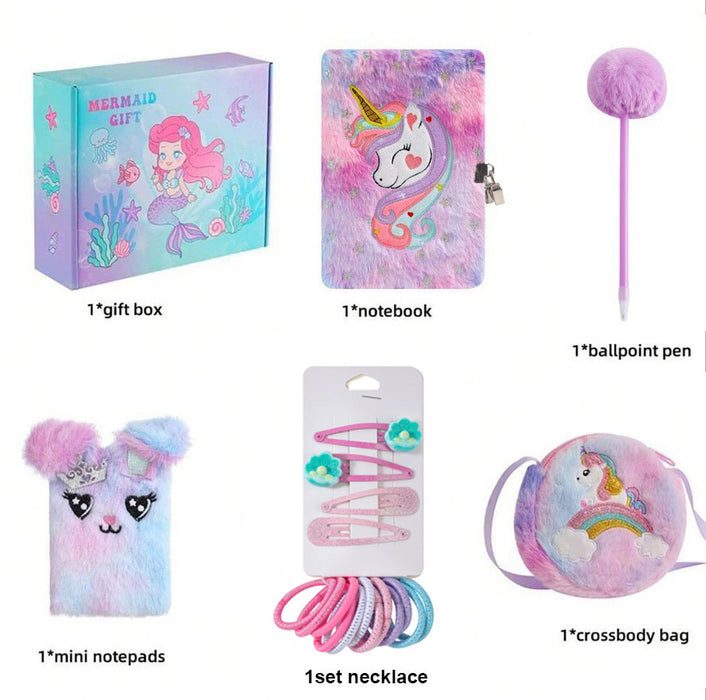 Wholesale Mermaid Tail Plush Notebook Set with Diary Bracelet and Handbag Gift Box