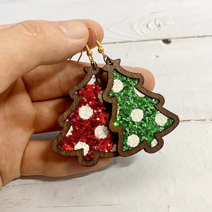 Wholesale Christmas flash leather wooden earrings wave point inlaid Christmas Tree Holiday earrings