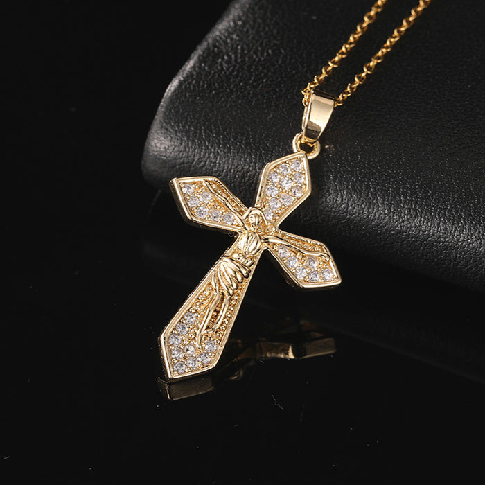 Wholesale Copper Inlaid Zircon Cross Pendant Necklace JDC-NE-ShangY035