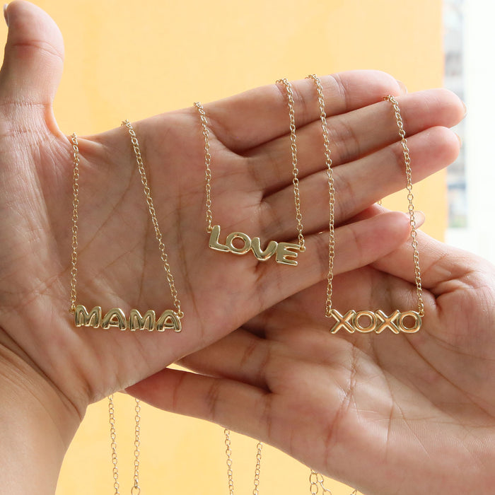 Wholesale 2PCS Gold Copper Glossy Bubble Sense LOVE MAMA XOXO Pendant Necklace JDC-NE-BaiYi016