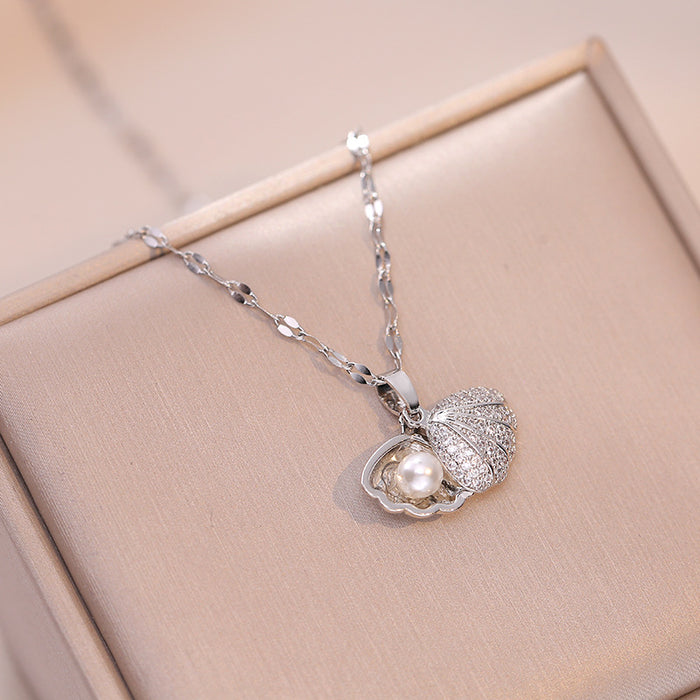 Wholesale Necklace, Shell, Pearl, Zircon, Diamond Set, Fashionable and Simple Style, Titanium Steel Necklace