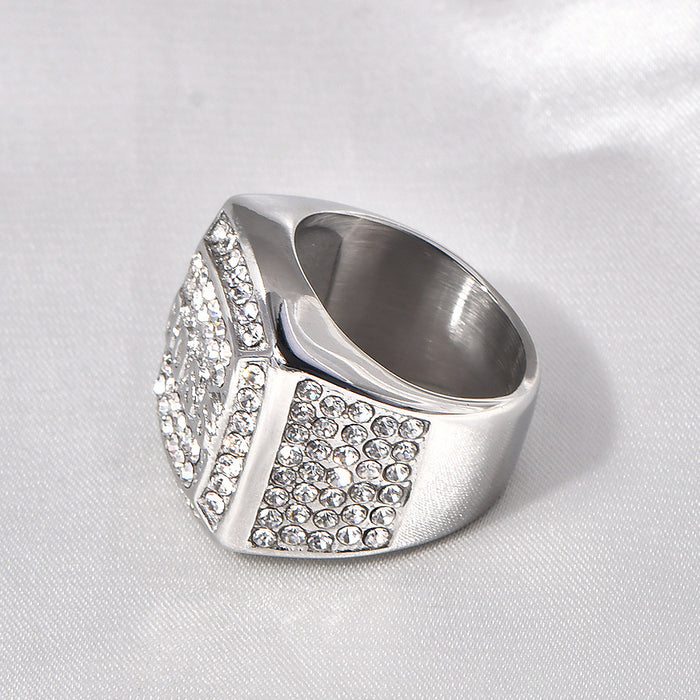 Wholesale HIPHOP titanium steel electroplating rhinestone square BOSS letter men' s ring