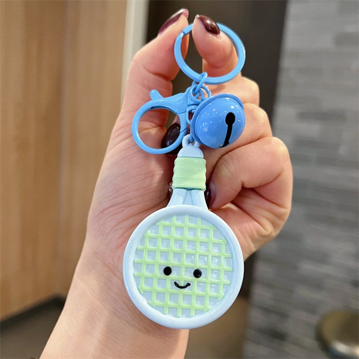 Wholesale Cute PVC cartoon colorful tennis racket keychains with bell