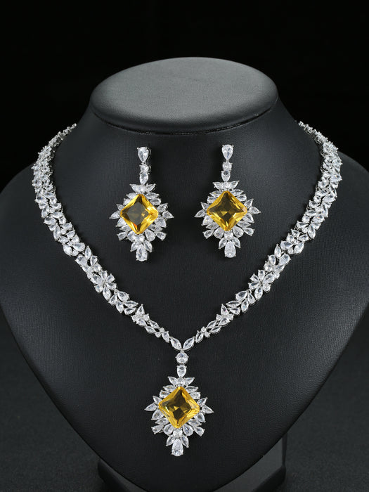 Wholesale Zircon Necklace Earrings suit Wedding Dinner High-end Jewelry Square Decoration Women' s