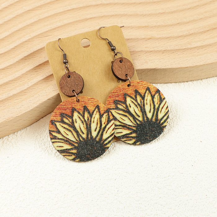 Wholesale Western Style Sunflower Old Wooden Disc Splicing Sports Baseball Leopard Print Women' s Wooden Earrings