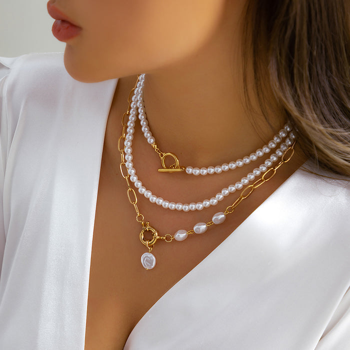 Wholesale Vintage imitation pearl pieced simple necklace with creative temperament, round bead chain layered necklace accessory