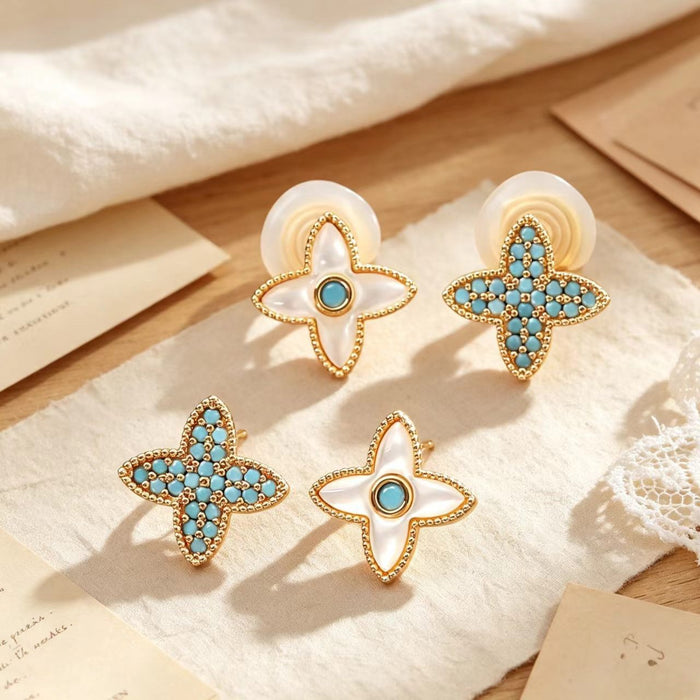 Wholesale Trendy Natural Shell Four Leaf Clover Asymmetrical Clip On Earrings For Women Electroplated Copper Fashion Jewelry Accessory