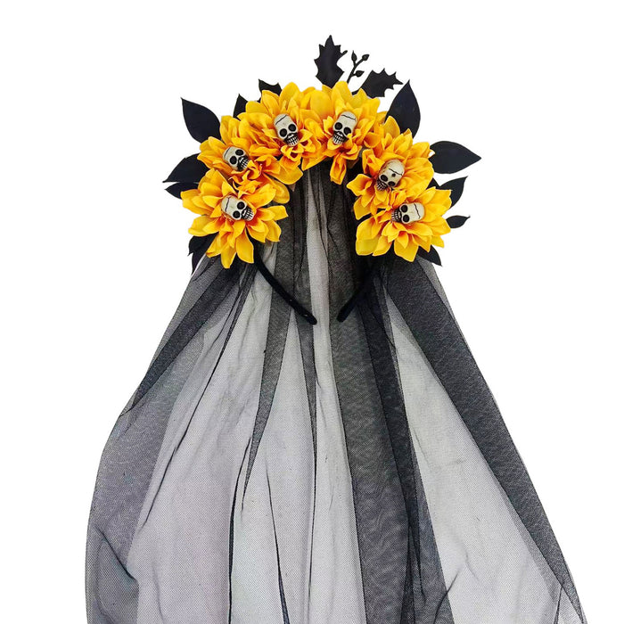 Wholesale Dark Style  Witch Mesh Headband With Skull Buckle And Faux Flower For Party Costume Accessory Resale