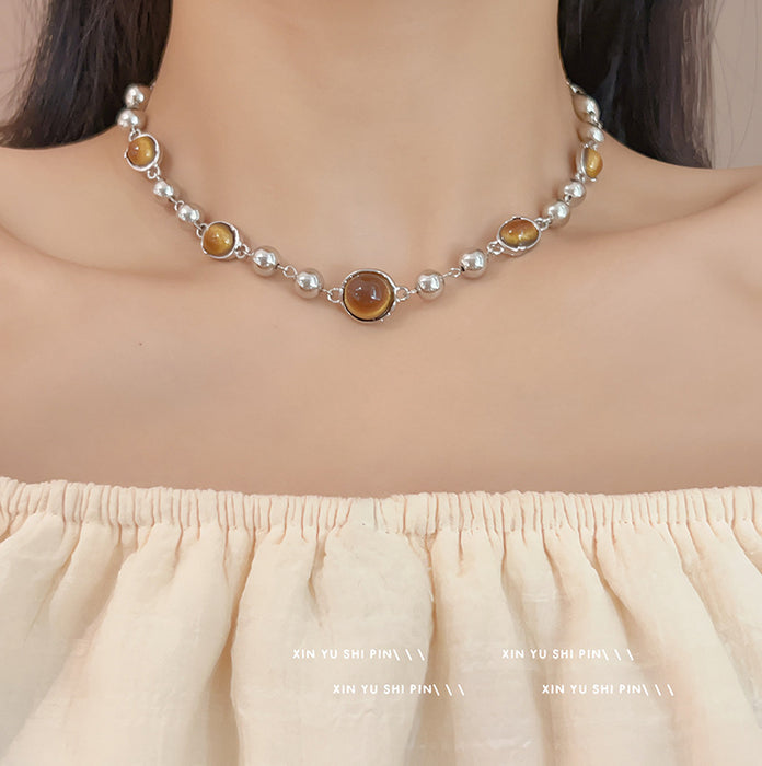Wholesale Imitation tiger eye stone retro bead necklace, light luxury, niche, collarbone chain, high-end accessory