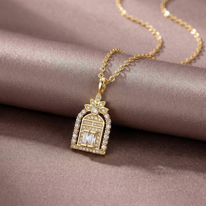 Wholesale Trendy Door of Happiness Zircon Inlaid Collarbone Necklace Gold Plated Titanium Steel MOQ≥2