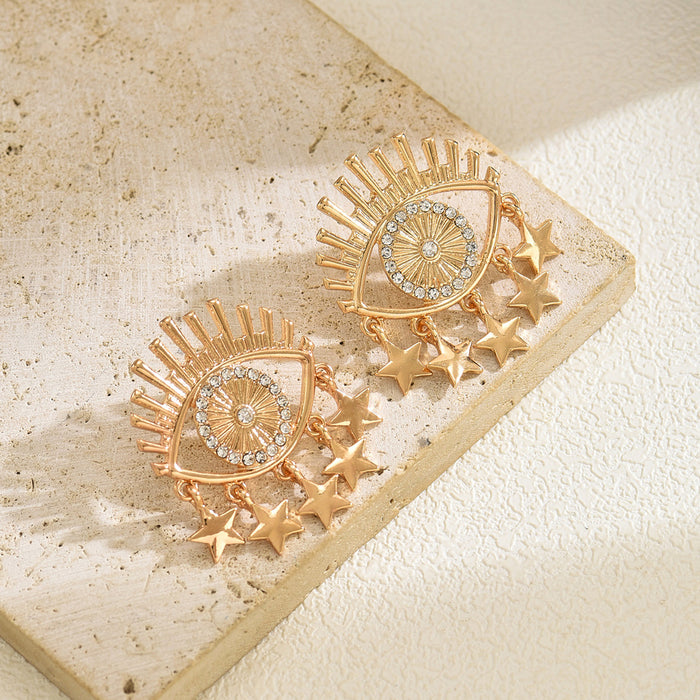 Wholesale Jewelry Cut Out Metal Devil's Eye Earrings Versatile Design Diamond Tassel Star Earrings