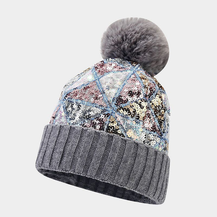 Wholesale Acrylic Colorful Sequins Thick Warm Wool Ball Ear Protection Knitted Hat JDC-FH-LvYi049