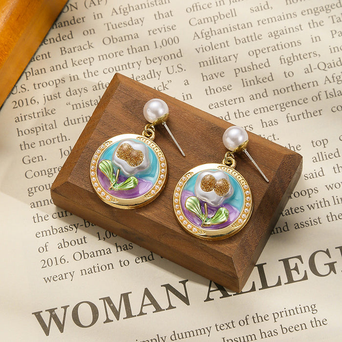Wholesale Colored oil dripping flower earrings with a light luxury and high-end feel, fresh and fashionable temperament earrings