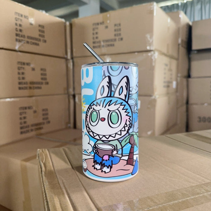 Wholesale stainless steel thermos cup printing cartoon high color value suction tube cup portable large capacity ice coffee cup