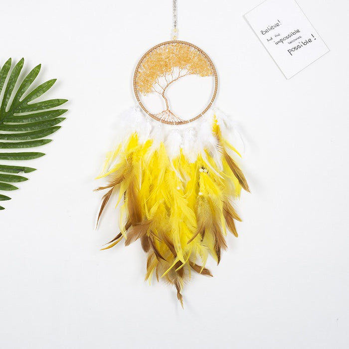 Wholesale Feather Dreamcatcher Wall Hanging with Tree of Life Design and Natural Stone Accents
